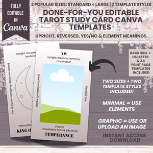 May include: A digital product featuring tarot study card templates. The design includes two sizes, two template styles, and the option to use elements or upload images. The cards display text such as "Upright: Balance, harmony, moderation."