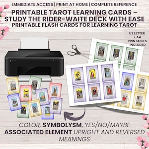Może przedstawiać: Czarna drukarka z wydrukowanymi kartami tarota i nożyczkami. Obraz zawiera drukowane karty do nauki tarota z tekstem "PRINTABLE TAROT LEARNING CARDS - STUDY THE RIDER-WAITE DECK WITH EASE PRINTABLE FLASH CARDS FOR LEARNING TAROT". Karty zawierają kolor, symbolikę i znaczenia.