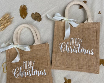 Merry Christmas Tote Bag, Jute Bag, Custom Jute Carryall ,Christmas Gift, Christmas Bag