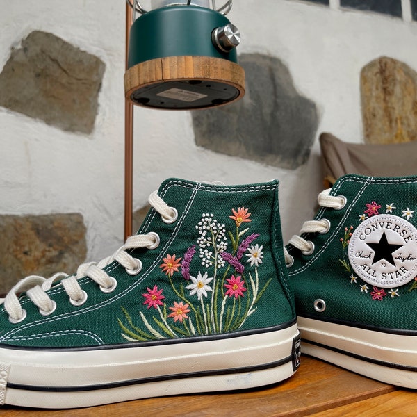 Midnight Converse Custom | Floral embroidery | Embroidered converse| Converse small flower | Wedding shoe |Embroidered Converse 1970s Shoes