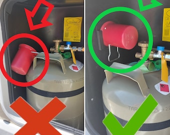May include: Two propane tanks, one with a red cap and the other with a red cap, are shown in a compartment. The tank on the left has a red X over it, while the tank on the right has a green tick over it. The text on the tank on the left reads "TARA 10.2kg 9 2030". The text on the tank on the right reads "TAR 2kg 9 20".
