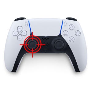 May include: White and black PlayStation 5 DualSense controller with a red target reticle over the left analog stick. The controller has a blue accent and features various button symbols.