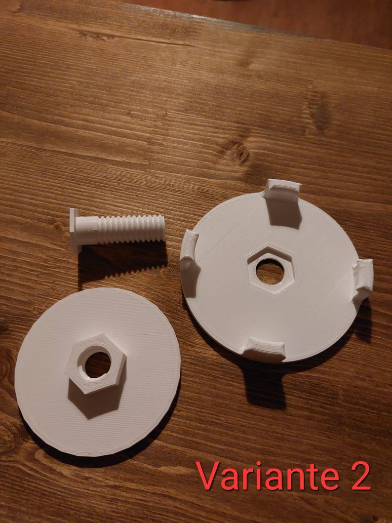 May include: White plastic parts for a 3D printed project, including a screw, a round disc with a hole in the centre and four tabs, and a flat disc with a hexagonal hole in the centre. The text "Variante 2" is visible in the image.