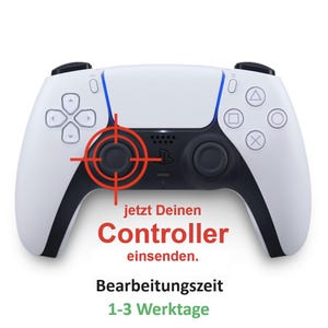 May include: A white and black PlayStation 5 controller with a red target reticle over the left joystick. The text "jetzt Deinen Controller einsenden" and "Bearbeitungszeit 1-3 Werktage" are displayed in red and black.