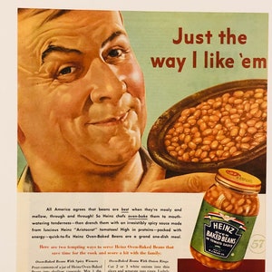 Frijoles Heinz raros de 1944 - Anuncio de revista original. Vendimia originales. Anuncios de revistas de anuncios clásicos retro.