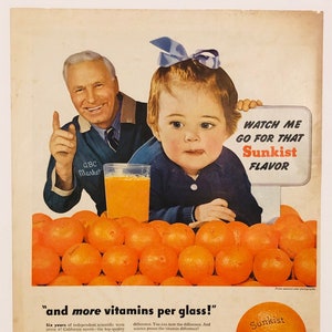 Raro jugo de naranja Sunkist de 1944 - Anuncio de revista. Vintage original. Anuncios de revistas de anuncios clásicos retro.