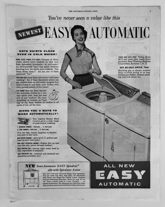 Rare 1955 Easy Automatic Washer and Dryer Magazine Advertisement. Original Vintage. Retro Classic Magazine Ads