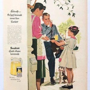 Limonada Sunkist rara de 1955 - Anuncio de revista original. Vendimia original. Anuncios de revistas de anuncios clásicos retro.