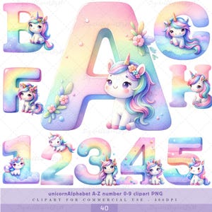 Pacote de alfabeto de unicórnio fofo A-Z número 0-9, clipart de alfabeto de unicórnio, letra de unicórnio PNG, fonte de unicórnio, número de unicórnio, unicórnio aquarela
