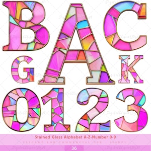 Stained Glass Alphabet & Numbers Clipart – Colorful Mosaic Letters PNG – Digital Letters, Printable Art, Craft Designs, Wedding Monogram