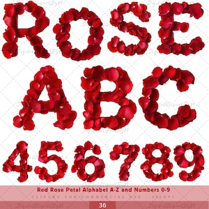 Alfabeto romántico de pétalos de rosa roja, imágenes prediseñadas de letras de la A a la Z, números del 0 al 9: imágenes prediseñadas de letras y números florales para bodas y el día de San Valentín