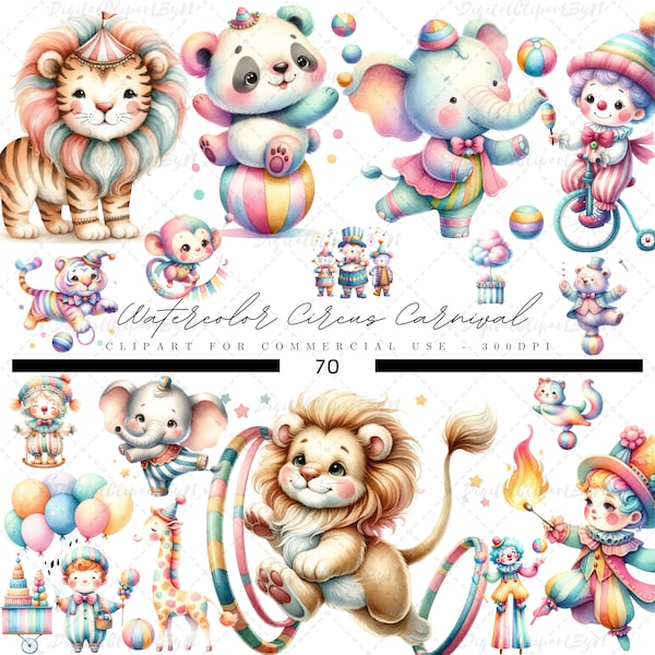 Circus Party Watercolor Clipart: Perfect for Circus-Themed Birthdays, Baby Showers, and Nursery Decor, Nursery Decor, Baby Shower Printable.