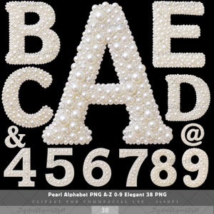 May include: A collection of pearl-covered letters, numbers, and symbols against a black background. The set includes the letters B, A, E, C, D, the ampersand, the at symbol, and the numbers 4, 5, 6, 7, 8, and 9. The text "Pearl Alphabet PNG A-Z 0-9 Elegant 38 PNG" is at the bottom.