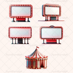 May include: A collection of circus-themed digital illustrations. The image features several red and white marquees with blank white spaces for text, outlined with glowing lights. A circus tent with red and white stripes and a small flag is also included.