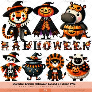 Clipart de personajes de animales de Halloween Alfabeto A-Z Número 0-9 Paquete l Jack-o'-lantern Letra ABC l Alfabeto PNG l Calabaza Fuente Clipart