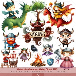 May include: Watercolor Viking characters clipart in PNG format. The image features various Viking figures, including those riding dragons, holding weapons, and standing near a bonfire. The word "Viking" is displayed on a banner.