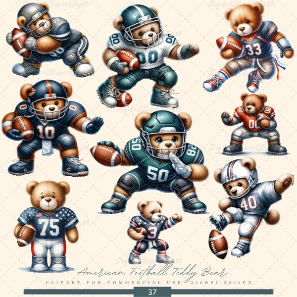 Baby American Football Teddy Bear Clipart ,Watercolor Sports Bears, American football American Football Season PNG, Nursery Football Decor.