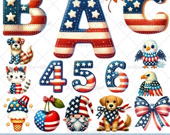 Paquete de alfabeto A-Z con números del 0 al 9 del 4 de julio, celebración de la fiesta del Día de la Independencia, letra ABC, alfabeto PNG, fuente prediseñada.