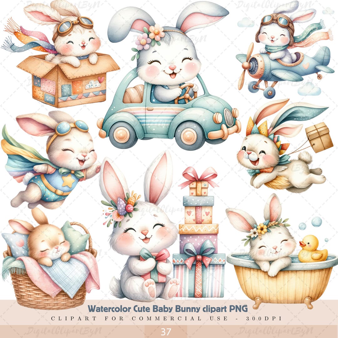 Baby Bunny Whimsical Clipart, Watercolor Rabbit PNG, Nursery Decor ...
