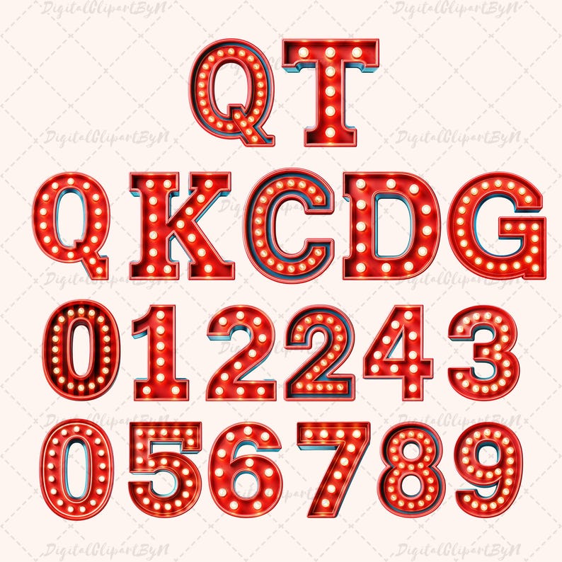 May include: Red marquee letters and numbers with illuminated bulbs. The image includes the letters Q, T, K, C, D, G, and the numbers 0, 1, 2, 3, 4, 5, 6, 7, 8, and 9. The letters and numbers have a vintage, retro style.