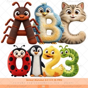 Pode incluir: Um conjunto de ilustrações digitais com as letras A, B e C estilizadas como uma formiga, um pássaro azul e um gato malhado, junto com os números 0, 1, 2 e 3 estilizados como uma joaninha, um pinguim, um patinho amarelo e uma lagarta verde.
