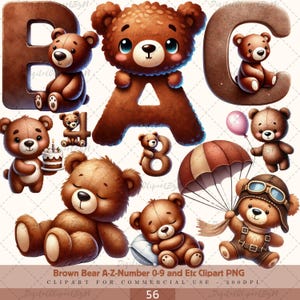 Clipart ours brun de A à Z, chiffres 0-9, lot de l'alphabet animal mignon, ours lettre ABC, Alphabet PNG, police de caractères, art mural imprimable pour chambre d'enfant.
