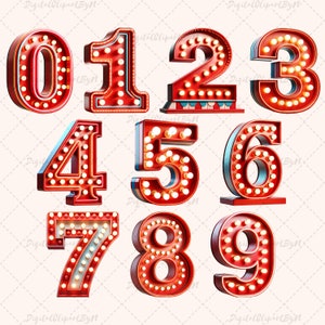 May include: A collection of red marquee numbers, 0 through 9, each outlined with small, warm-toned light bulbs. The numbers have a vintage, carnival-style aesthetic, perfect for event decor or signage. The background is a light beige.