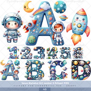 Paquete de alfabeto espacial de acuarela, números A-Z del 0 al 9, clipart del alfabeto espacial, letra PNG del universo, letras del espacio de astronauta, paquete de alfabeto.