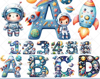 May include: A set of colorful space-themed alphabet letters and numbers. Each letter and number is decorated with stars, planets, and rockets. The letters are blue with white outlines, and the numbers are white with blue outlines. The letters and numbers are surrounded by a white background.