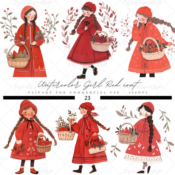 Aquarelle fille manteau rouge portant un panier de baies Clipart, parfait pour la décoration de chambre d'enfant, l'art mural et les projets imprimables, art mural pour enfants.