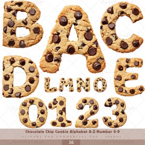 May include: A collection of chocolate chip cookie letters and numbers. The letters B, A, C, D, E, L, M, N, O are displayed, along with the numbers 0, 1, 2, and 3. Each cookie is golden brown with dark chocolate chips.