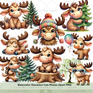 Schattige eland clipart set, aquarel eland illustraties, bosrijke dieren digitale download, bos dieren illustraties, babyshower decoraties.