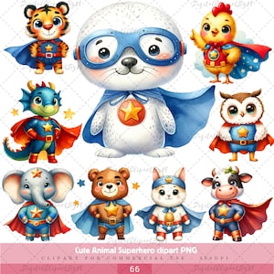 Entzückendes Superhelden-Tier-Clipart-Set - perfekt für Kinderdekor und Geburtstagseinladungen - Digital Download l Super-Power-Tierchen PNG.