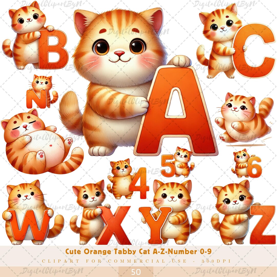 Cute Orange Tabby Cat With Letter ABC Alphabet Letters, Cartoon Animal ...