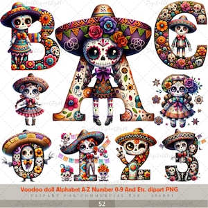 Boneca de vodu, alfabeto de A a Z, números de 0 a 9, letra de Halloween, decoração de berçário maligna ABC, boneca de desenho animado, alfabeto PNG, clipart de fonte de feriado, bruxaria.
