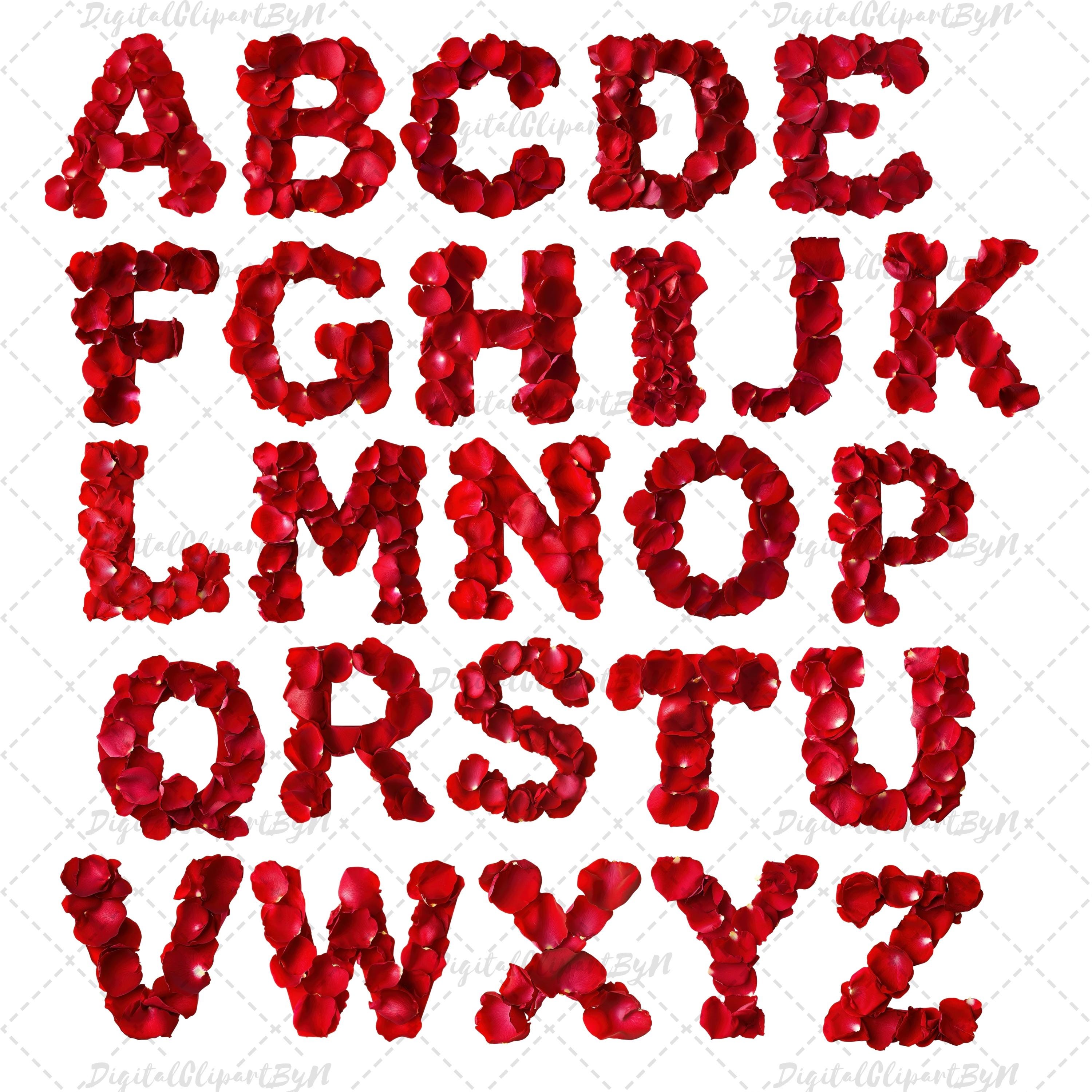 Romantic Red Rose Petal Alphabet Clipart A-Z Letters Numbers 0-9 ...