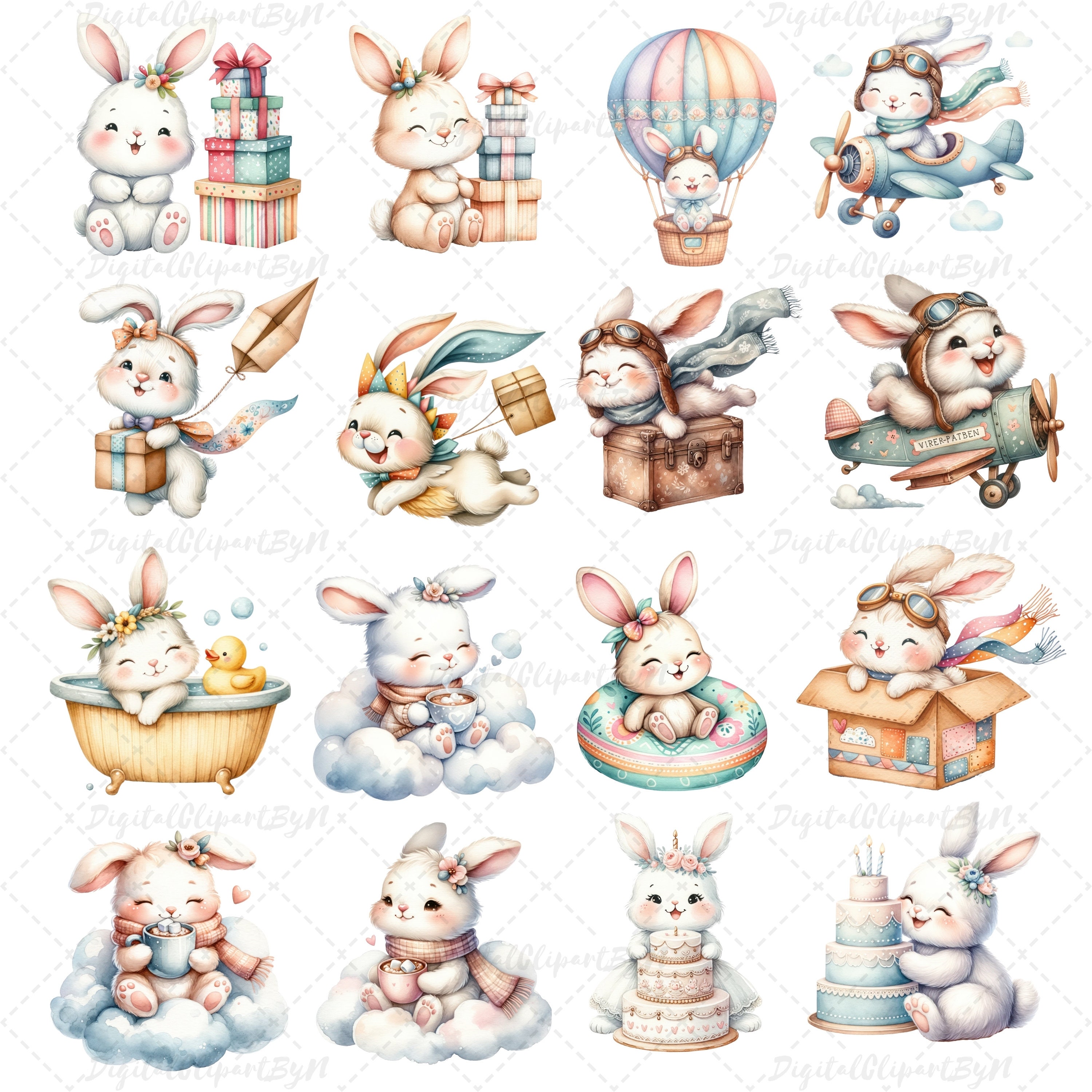 Baby Bunny Whimsical Clipart, Watercolor Rabbit PNG, Nursery Decor ...