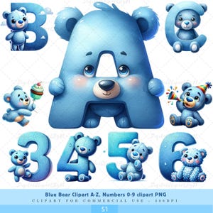Alphabet Blue Bear Shower Clipart, Cute Baby Boy Letters A-Z, Perfect for nursery art, kids' party invitations, scrapbooking Crafts