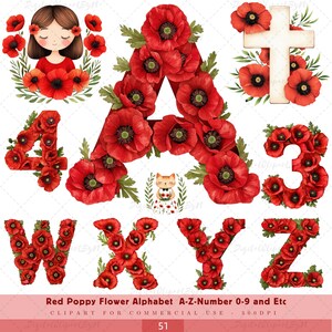 Può includere: Clipart di alfabeto di fiori di papavero rosso con le lettere A, W, X, Y, Z e i numeri 4 e 3. Le lettere e i numeri sono formati da fiori di papavero rosso con foglie verdi. Il clipart include anche una croce fatta di fiori di papavero rosso e una piccola illustrazione di un gatto con una corona.