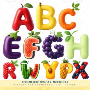 以下が含まれることがあります： AからXまでの文字がそれぞれ異なる果物のようにデザインされた、カラフルなフルーツアルファベット。文字は赤、黄、オレンジ、紫、緑などの鮮やかな色で表現されています。画像には「Fruit Alphabet letter A-Z - Numbers 0-9」というテキストが含まれています。