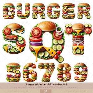 Peut inclure: Un ensemble de lettres et de chiffres de l'alphabet faits à partir d'ingrédients de hamburgers empilés. Les lettres sont B, U, R, G, E, R, S, Q, T, 5, 6, 7, 8 et 9. Les lettres et les chiffres sont faits à partir de galettes de hamburger, de fromage, de laitue, de tomate, d'oignon, de cornichons et de pains au sésame.