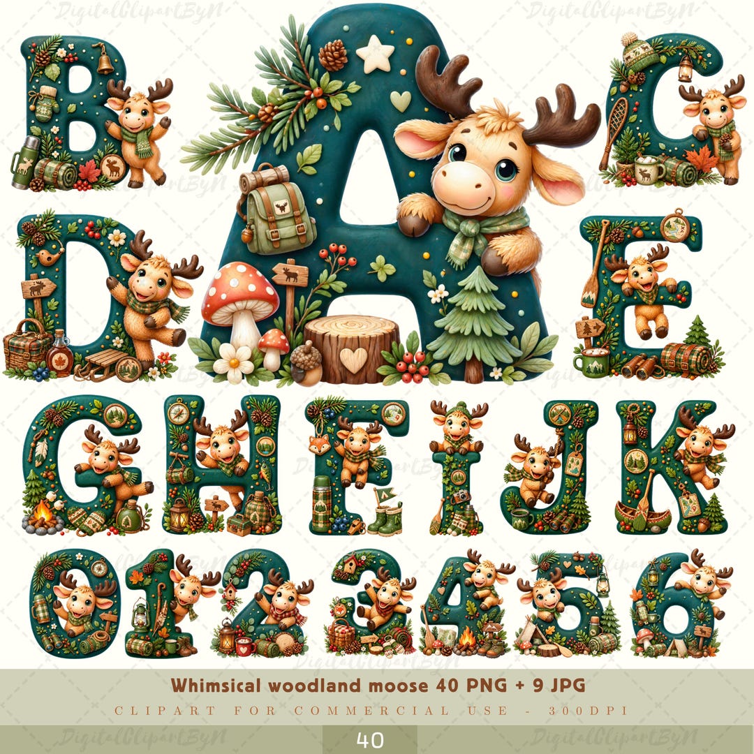 Woodland Moose Alphabet PNG, Forest Animal Clipart, A-Z Letters, Deer ...