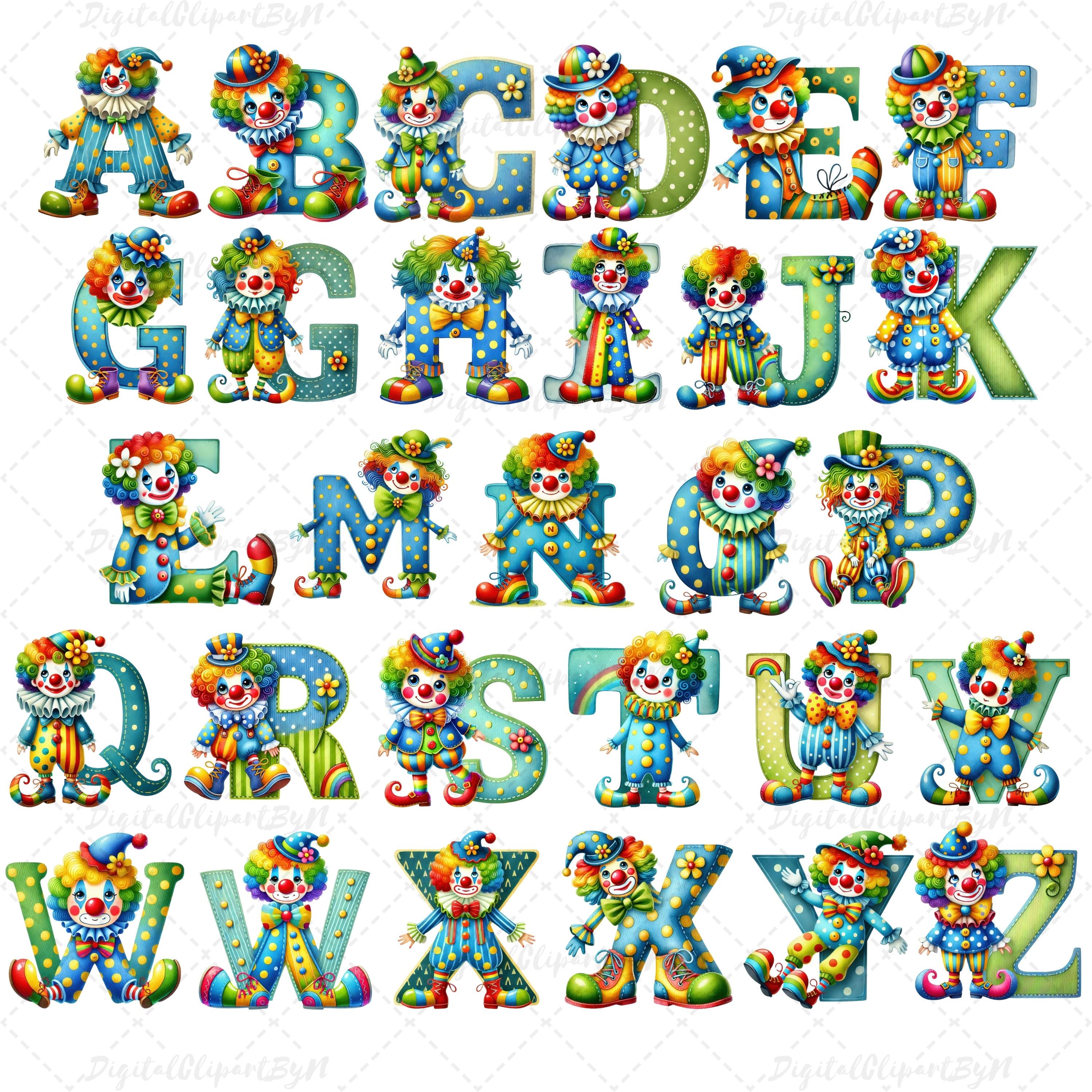 Whimsical Clown Alphabet and Numbers Letters A-Z, Numbers 0-9 Clipart ...