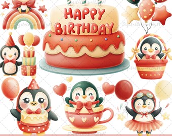May include: A set of digital clipart featuring cute penguins celebrating a birthday. The set includes a two-tiered cake with red frosting and the words "Happy Birthday", a penguin in a teacup, a penguin holding a birthday cake, a penguin in a basket, and a penguin wearing a pilot's hat and holding balloons.