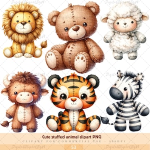 Joli ensemble de cliparts, comprenant un lion, un ours, un mouton, un rhinocéros, un hérisson, un tigre et un zèbre, parfaits pour le matériel des enfants.