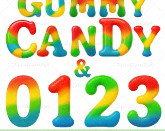 May include: Colorful gummy candy letters and numbers in a rainbow pattern. The letters spell out "GUMMY CANDY" and the numbers are 0, 1, 2, and 3.