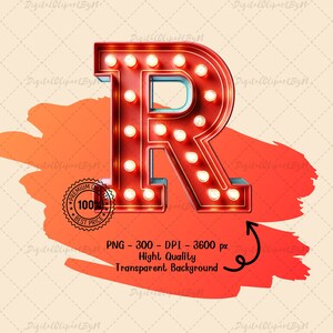 May include: A red marquee letter "R" with illuminated bulbs, set against an orange brushstroke on a cream background. The image includes a "Premium Quality" badge and text indicating it's a high-quality PNG with a transparent background.