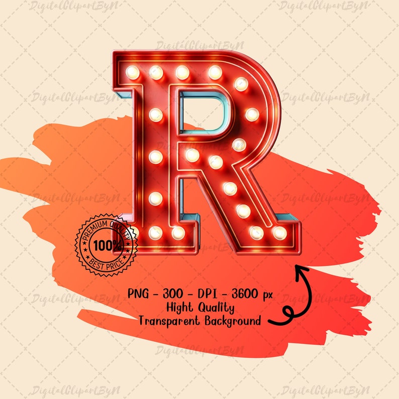 May include: A red marquee letter "R" with illuminated bulbs, set against an orange brushstroke on a cream background. The image includes a "Premium Quality" badge and text indicating it's a high-quality PNG with a transparent background.