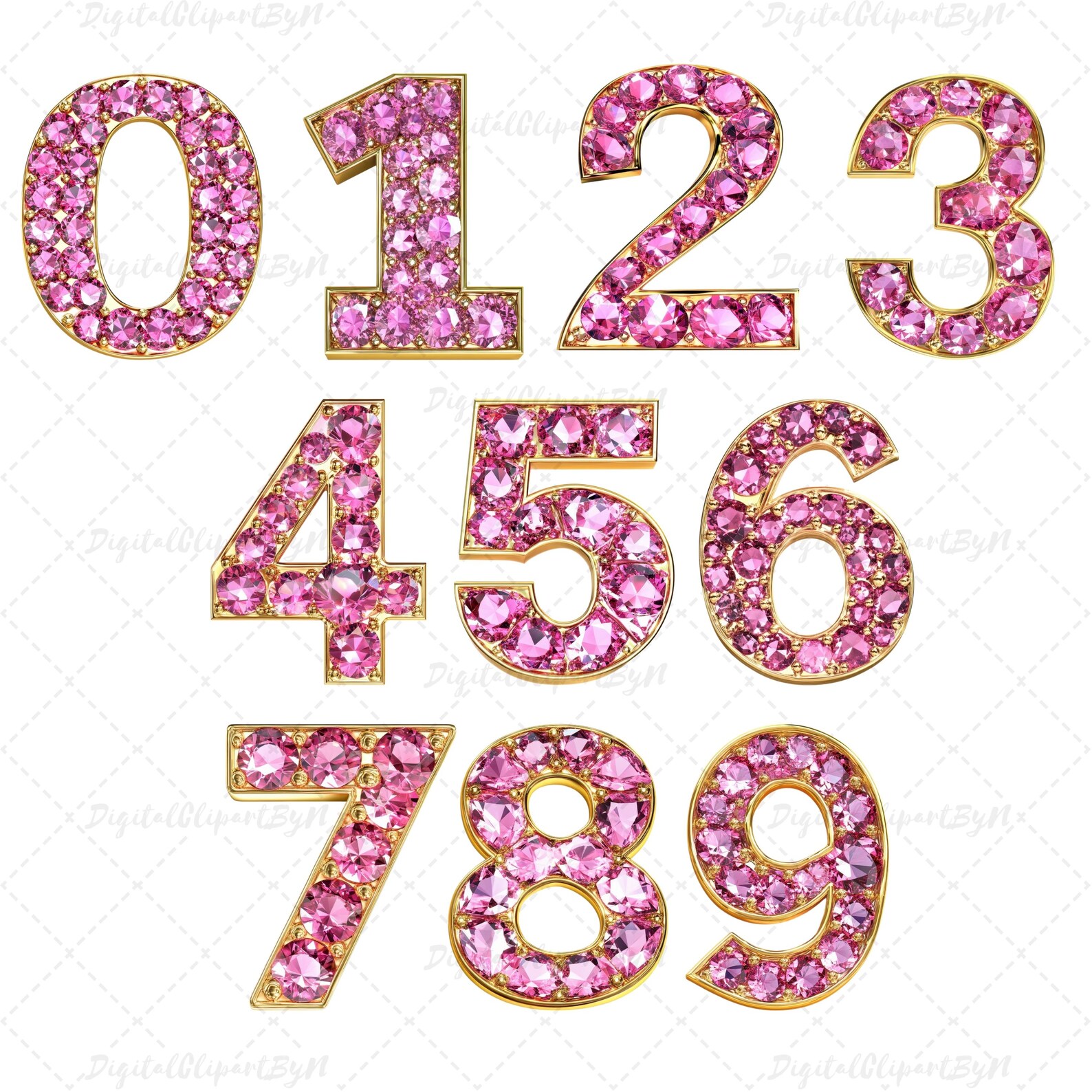 Pink Diamond Alphabet & Numbers Clipart – Luxury Gold Crystal Letters ...