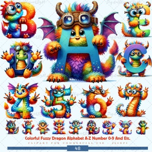 Paquete de alfabeto de dragón difuso colorido A-Z número 0-9, letra de dragón colorido, decoración de guardería de dragón ABC, alfabeto de dragón PNG, clipart de fuente.